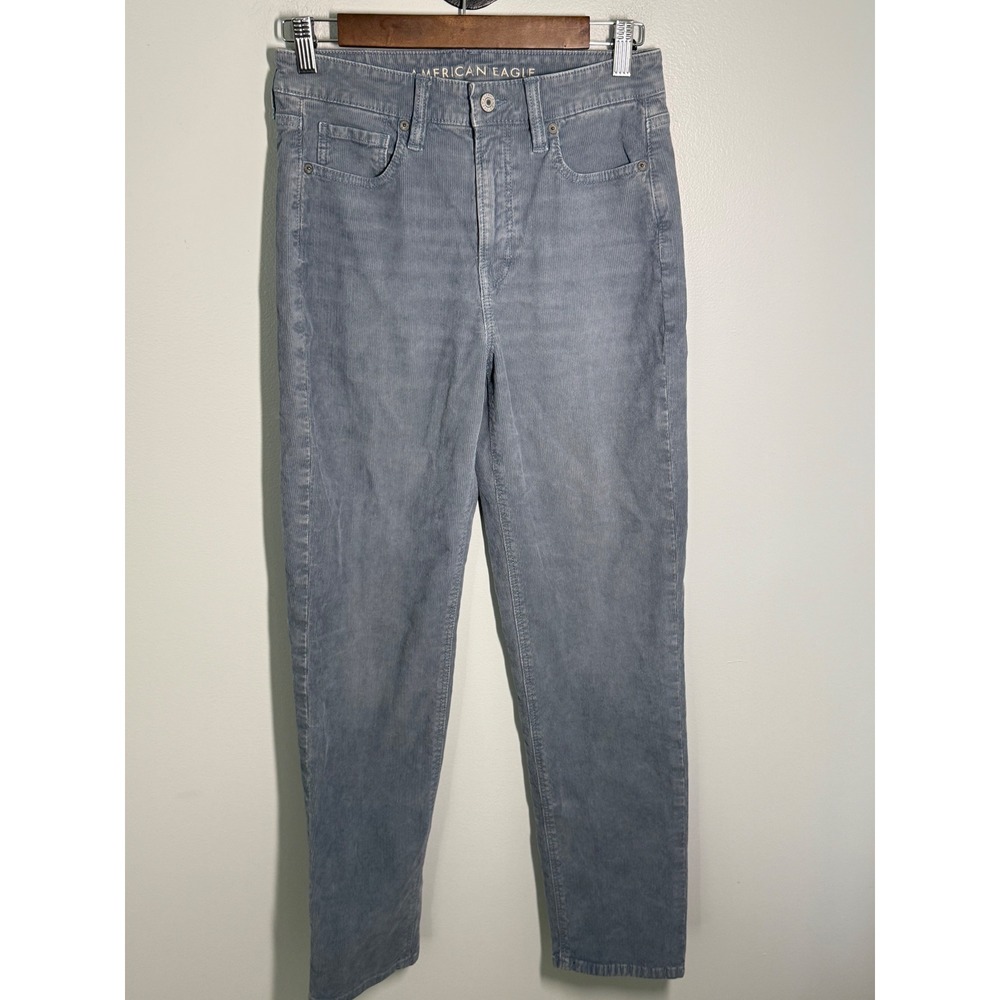 American Eagle Corduroy Pants Womens 4 Long Blue Gray High Waisted Slim Straight